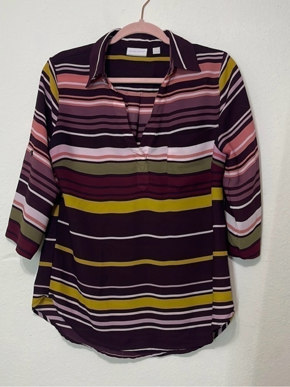 New York & Company Striped V-Neck Tunic in Plum, Olive, Pink, and Mustard Sz M